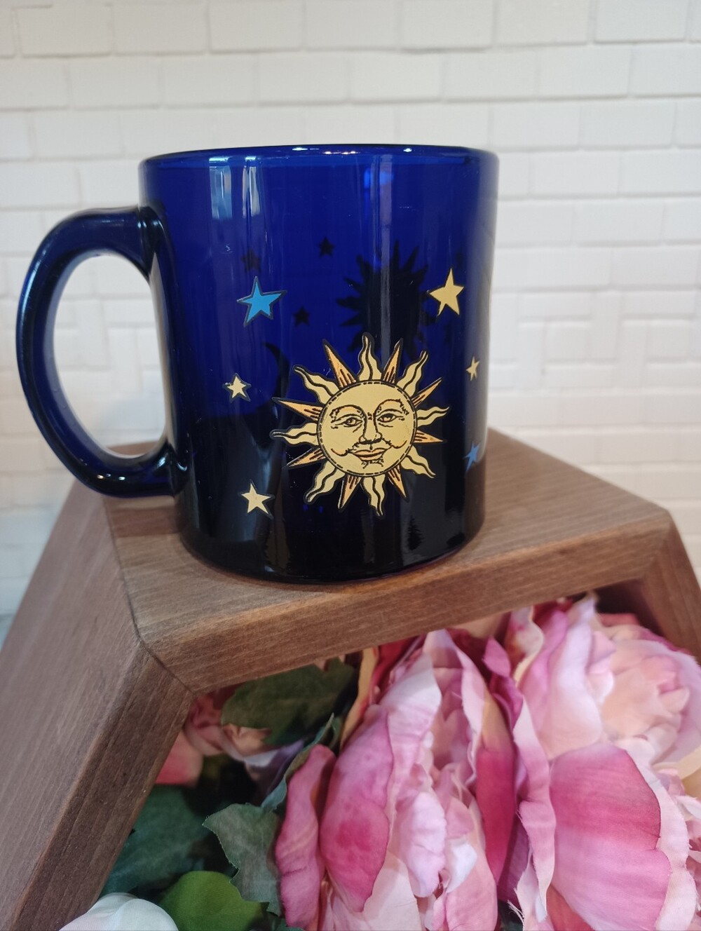 Vintage Libbey Cobalt Blue Celestial Glass Coffee Cup Friends Mug Sun Moon Stars